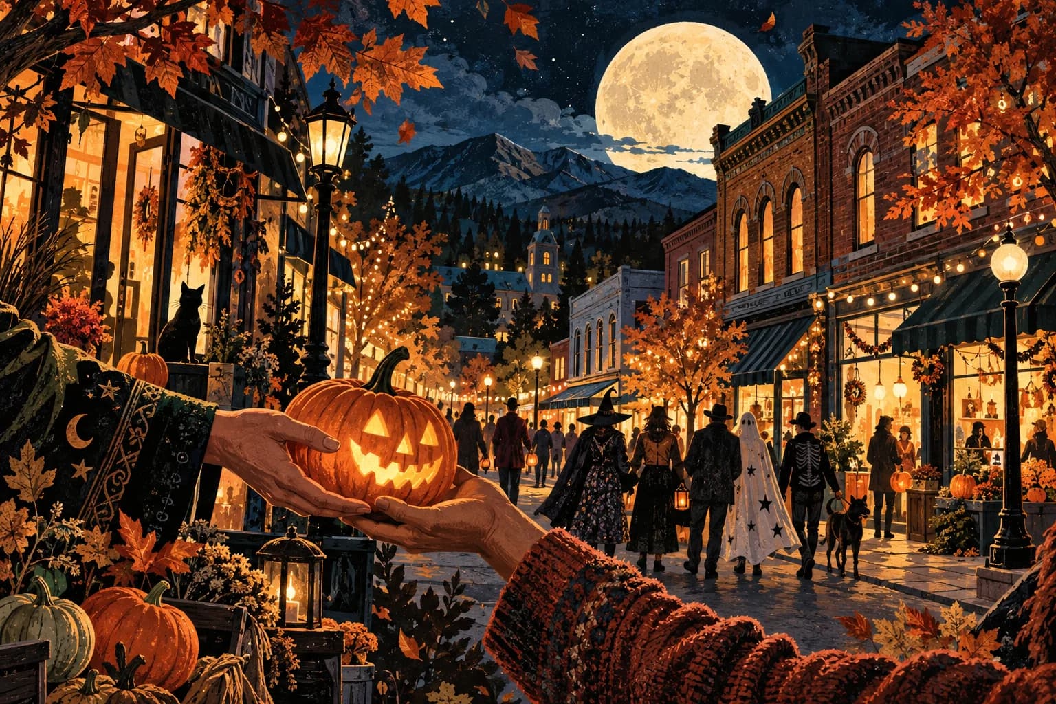 An illustrated autumn street with glowing shop windows and costumed neighbors.