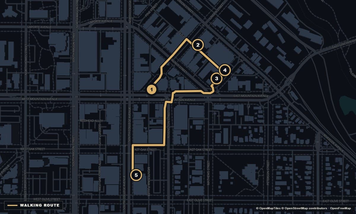 Actual Fort Collins street map with the Cocktail walk: 5 bars downtown walking route and 5 numbered stops