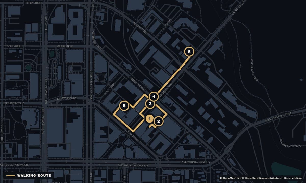 Actual Fort Collins street map with the Linden Street night walk walking route and 6 numbered stops