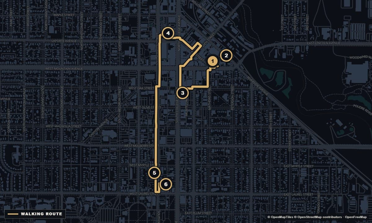 Actual Fort Collins street map with the The live rooms line walking route and 6 numbered stops