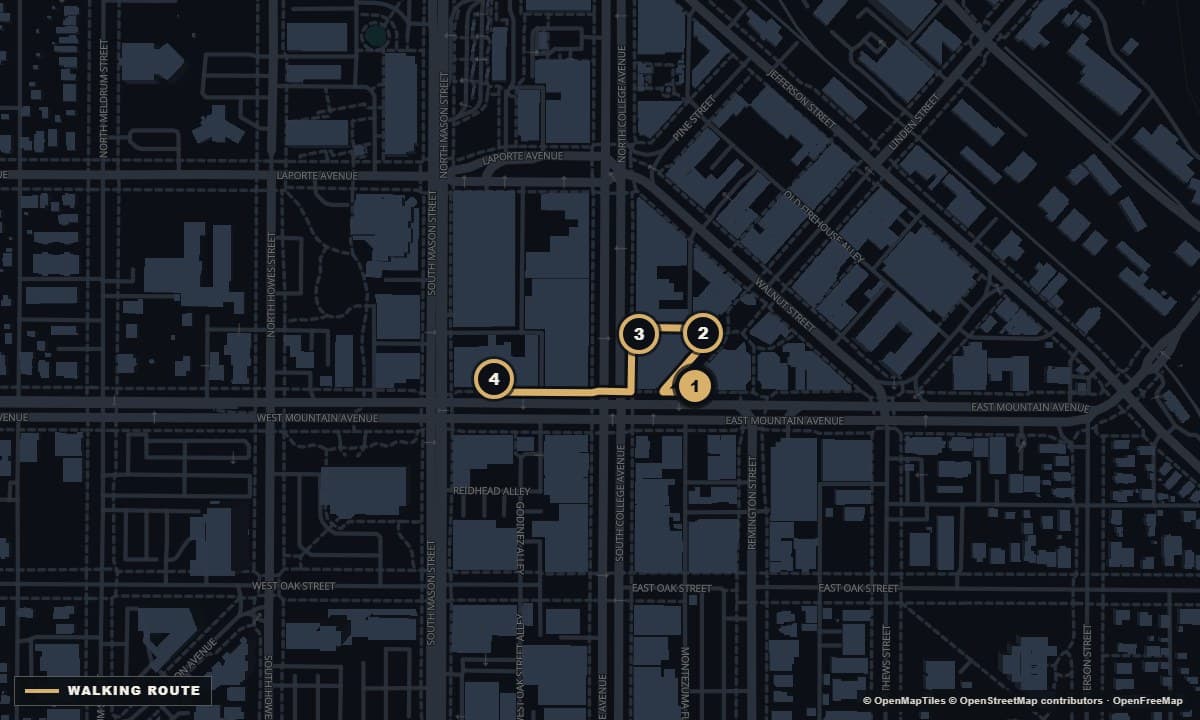 Actual Fort Collins street map with the The short list walking route and 4 numbered stops