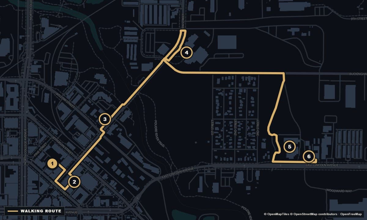 Actual Fort Collins street map with the The brewhouse line walking route and 6 numbered stops