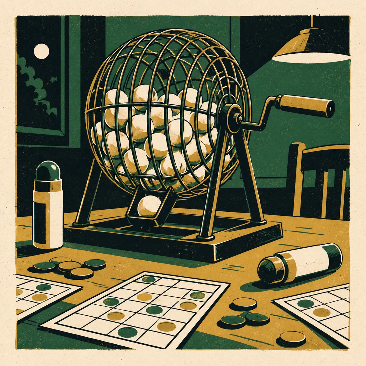 Illustration: bingo cards, ink dabbers and scattered chips beside a ball cage