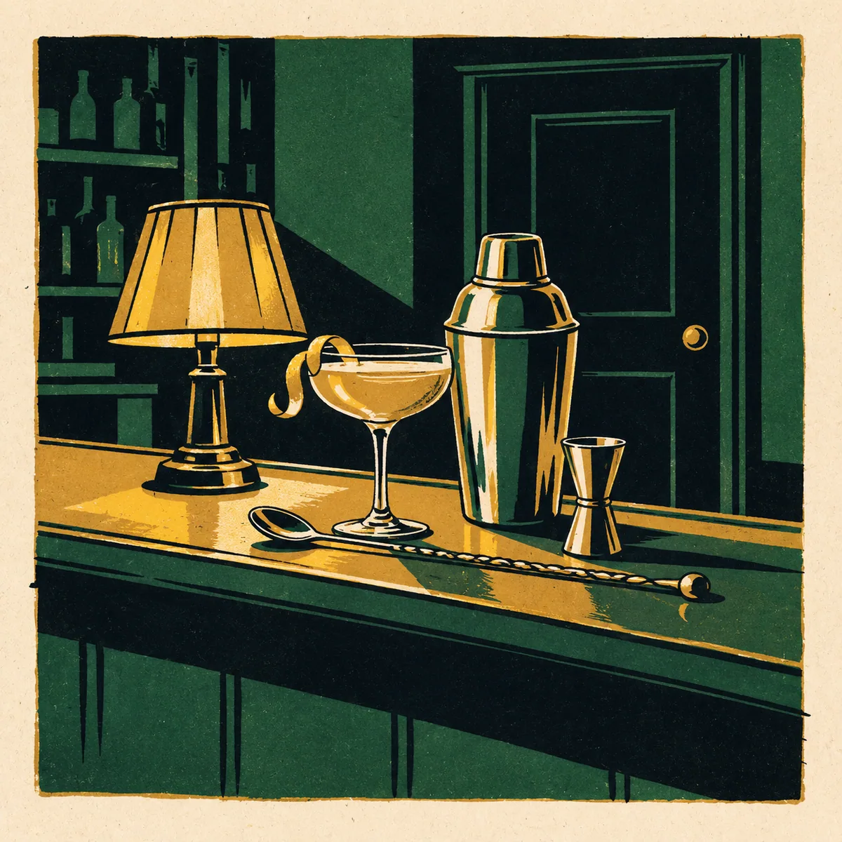 Illustration: a cocktail shaker, coupe glass and citrus twist on a dim bar top