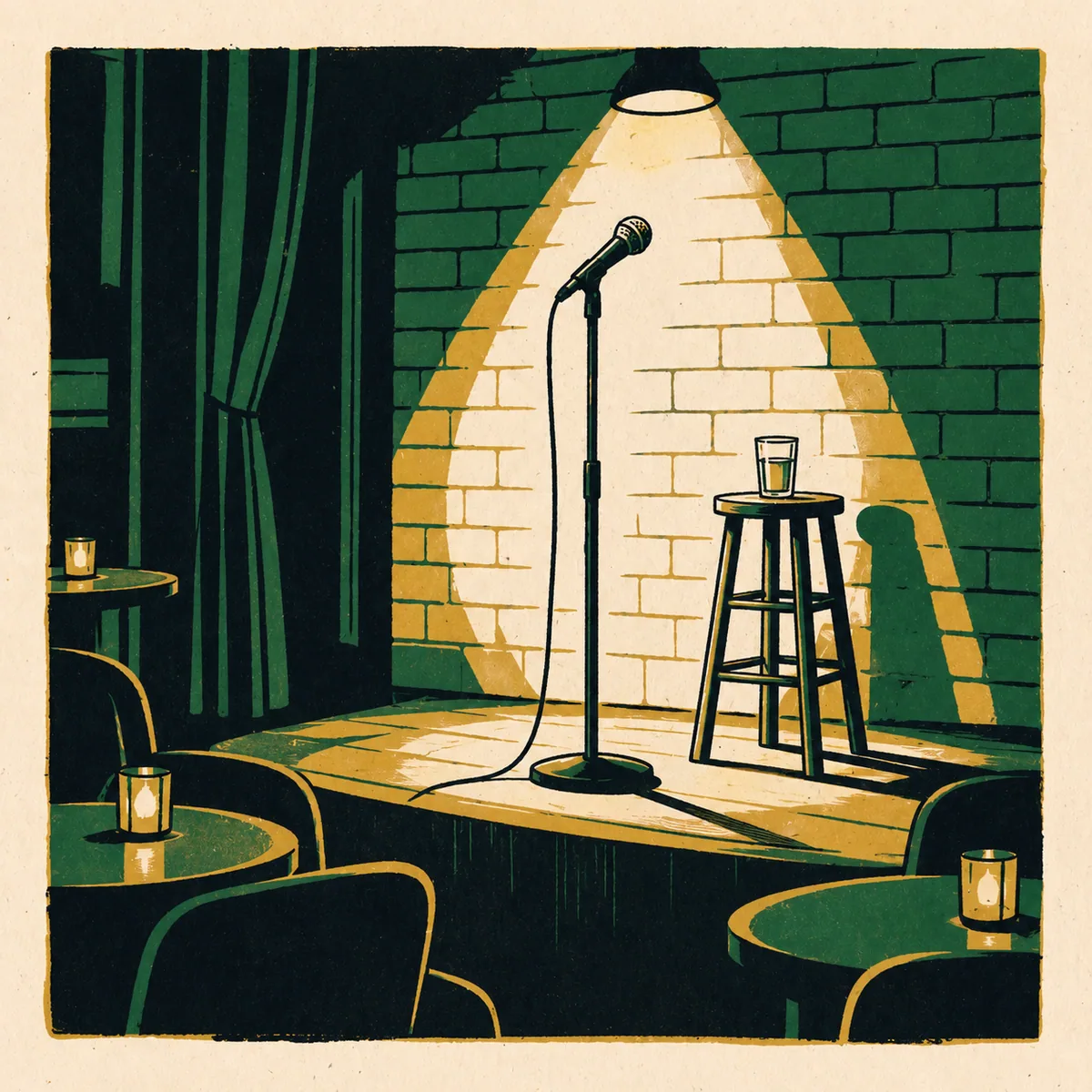 Illustration: a microphone on a stand and a stool against a brick wall under one spotlight