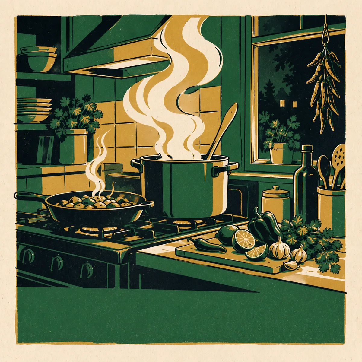 Illustration: a steaming pot and skillet on a stove beside a cutting board of peppers, garlic and herbs