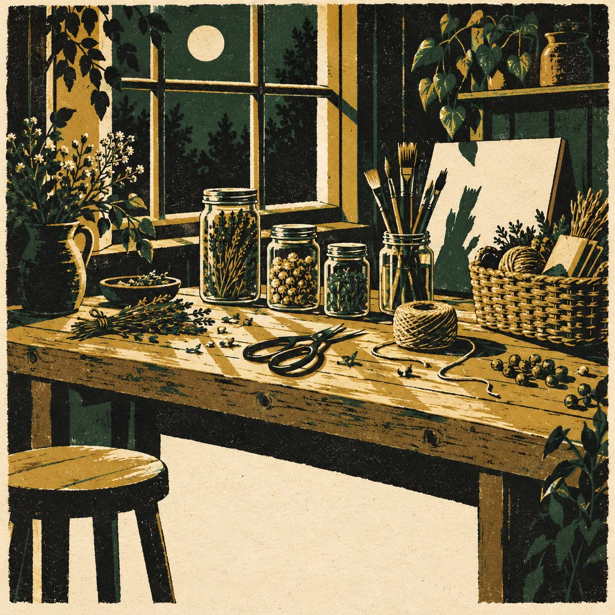 Illustration: a workbench with scissors, twine, small jars of dried herbs and paintbrushes