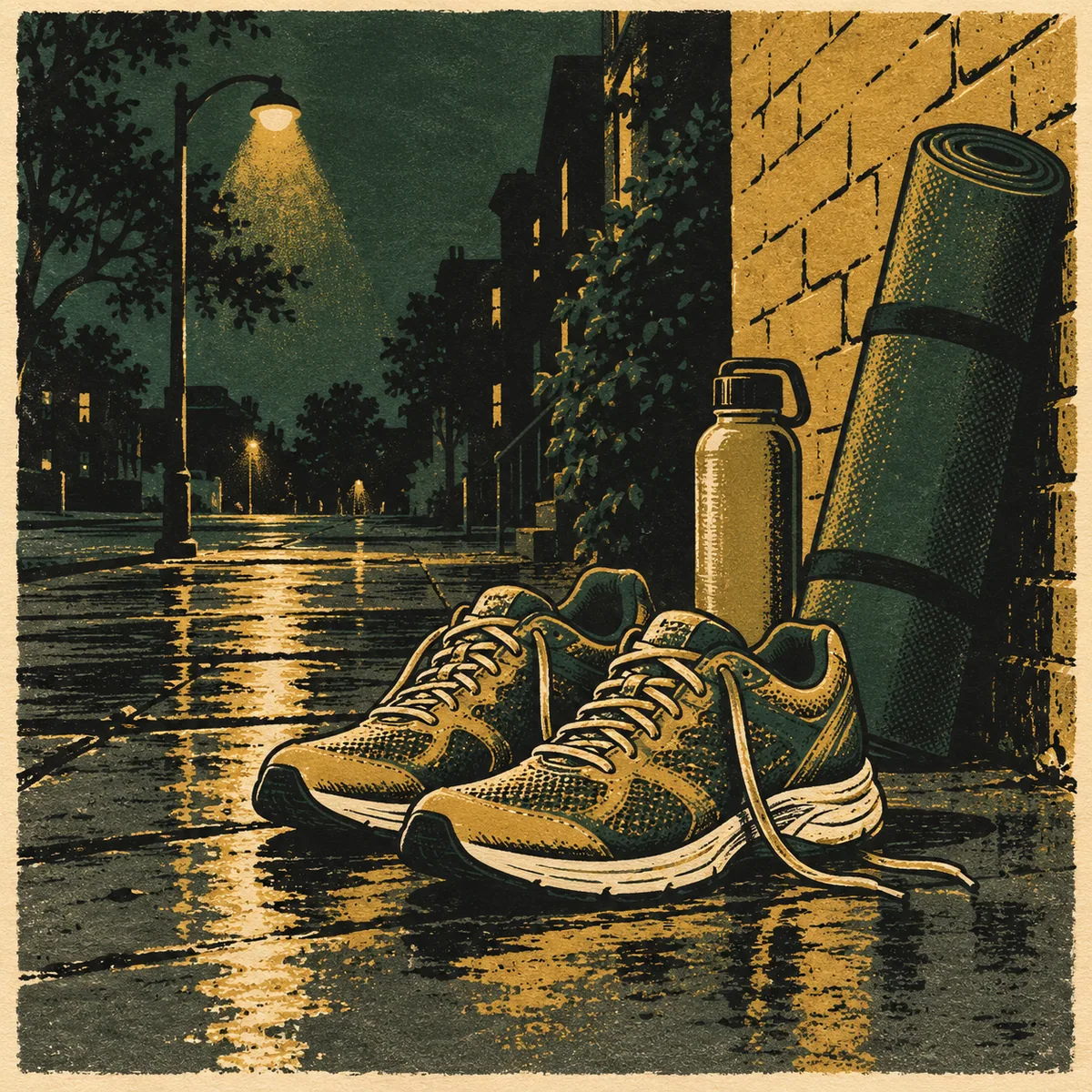 Illustration: running shoes under a streetlight beside a rolled yoga mat