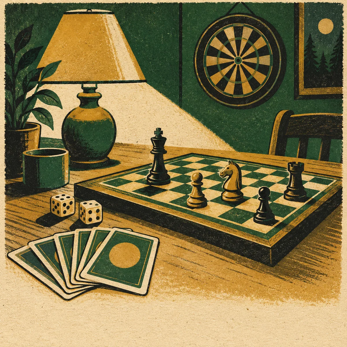 Illustration: a chessboard mid-game with dice and a fanned deck of cards under a table lamp