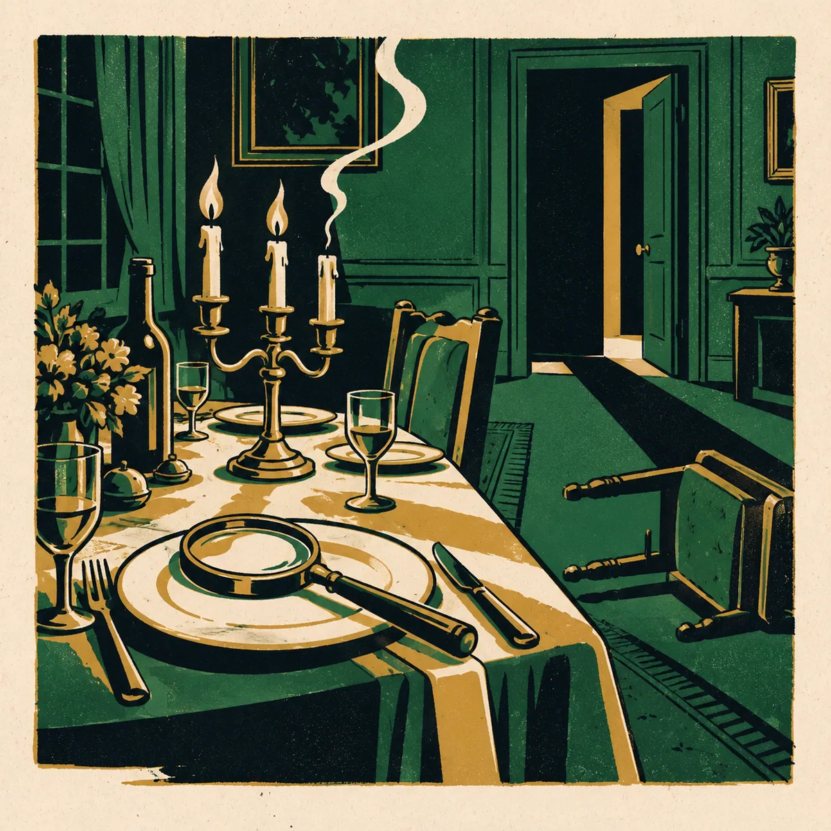 Illustration: a candlelit dinner table with a magnifying glass and a long shadow in the doorway