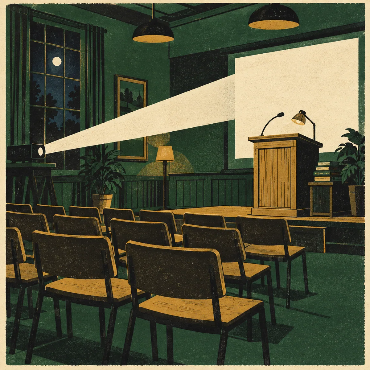 Illustration: a lectern with a microphone and lamp facing rows of empty chairs