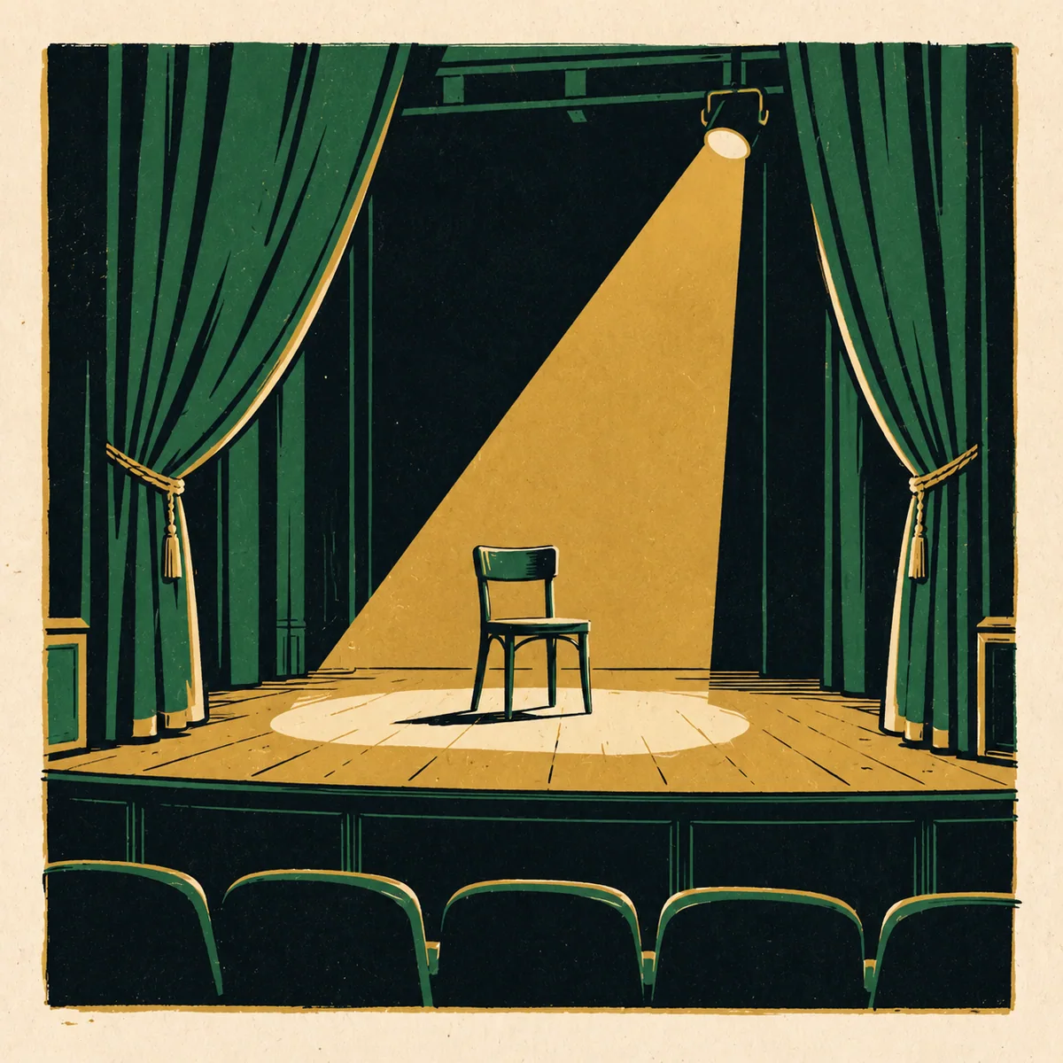 Illustration: a stage with the curtains drawn open under a single spotlight