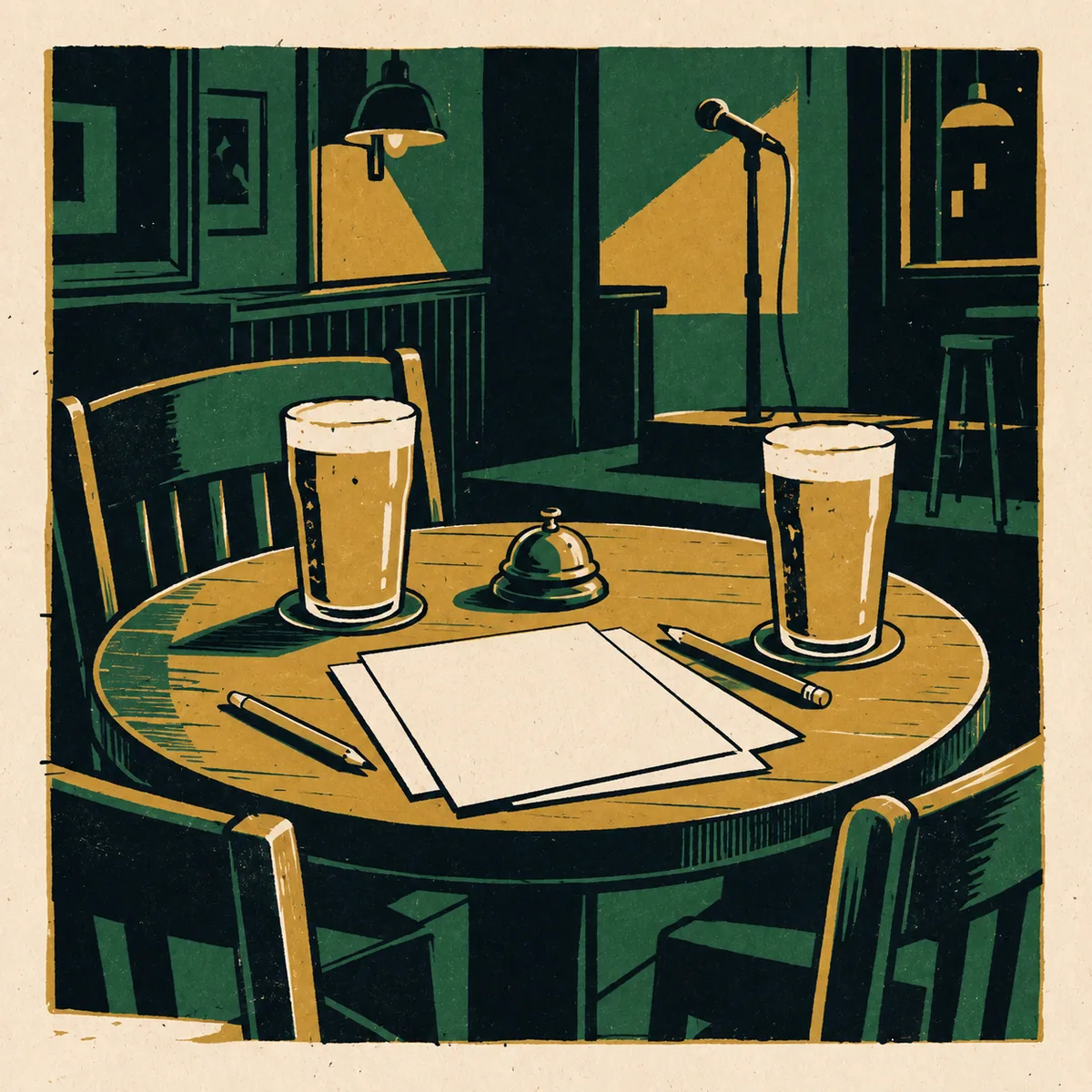 Illustration: a pub table with answer sheets, pencils, pints and a small brass bell