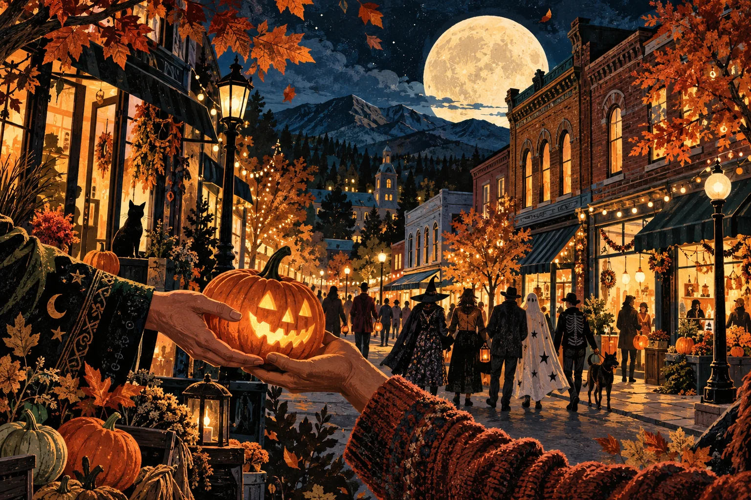 Illustration: an autumn street with glowing shop windows and costumed neighbors