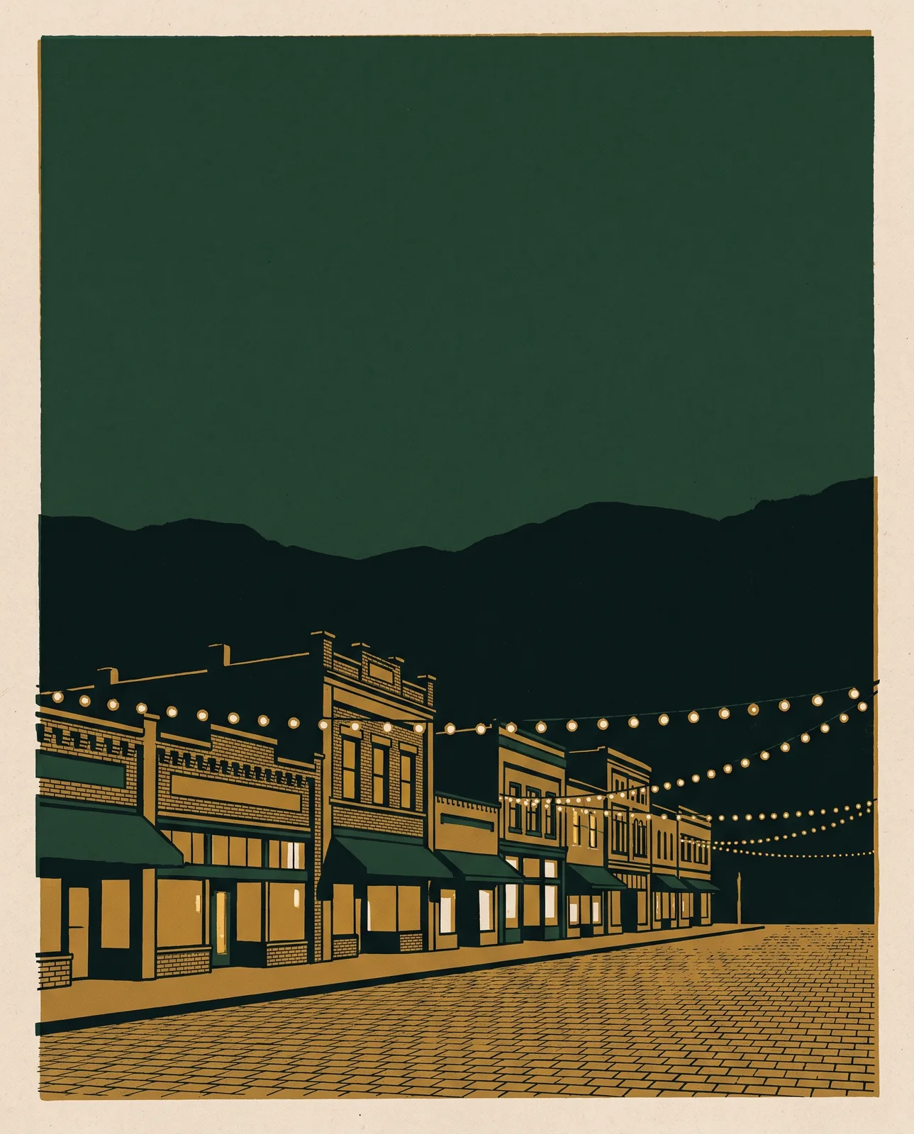 Illustration: Old Town storefronts under string lights at night