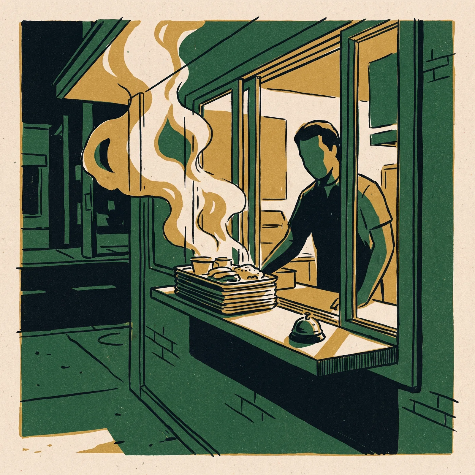 Illustration: a cook passing a plate through a street window at night