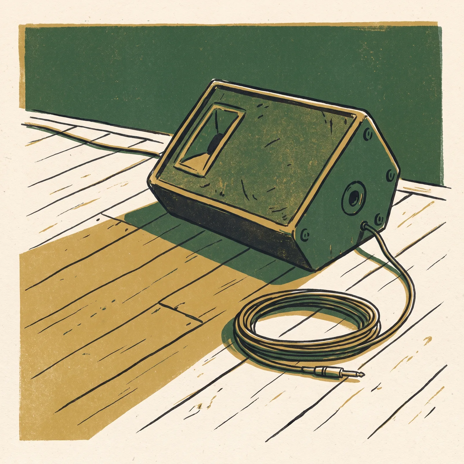 Illustration: a stage monitor and a coiled cable on a wooden stage