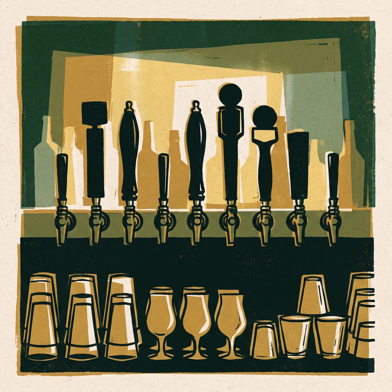 Illustration: a row of beer taps over stacked glasses
